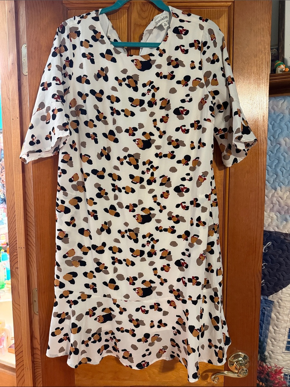 DAVI & DANI White Midi Dress with Tan, Black & Rust Spot Print
